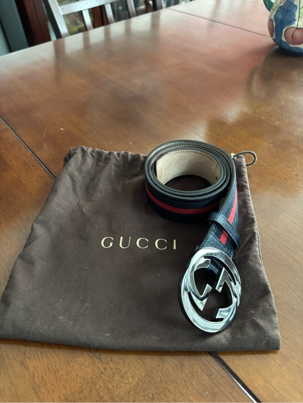 Gucci Black & Red Web Stripe Leather Belt with Silver Double G Buckle